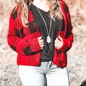 August Silk Feathered Buffalo Plaid Open Buffalo Check Cozy Soft Cardigan Large